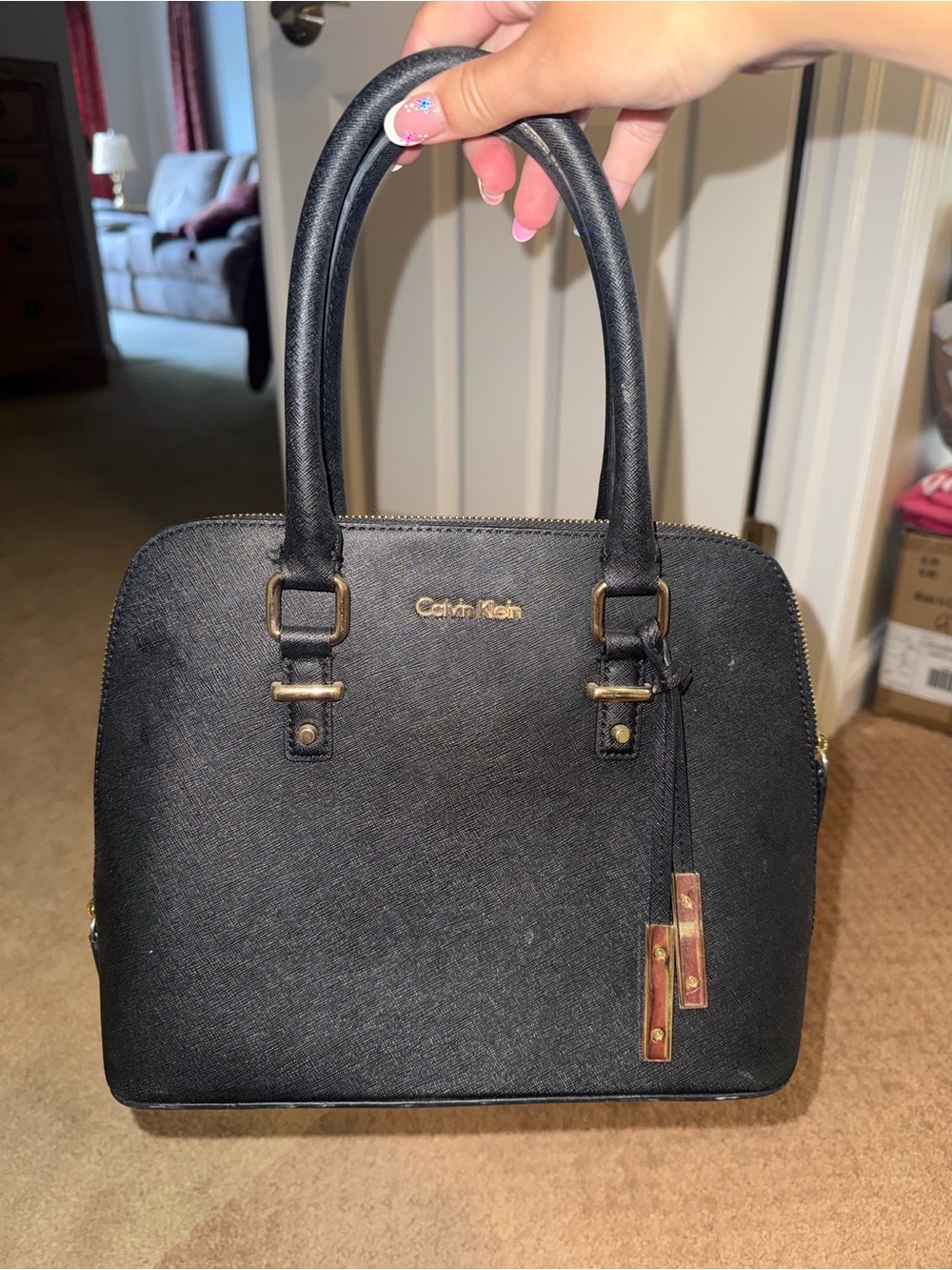 Calvin Klein Black Saffiano Dome Satchel with Gold Accents